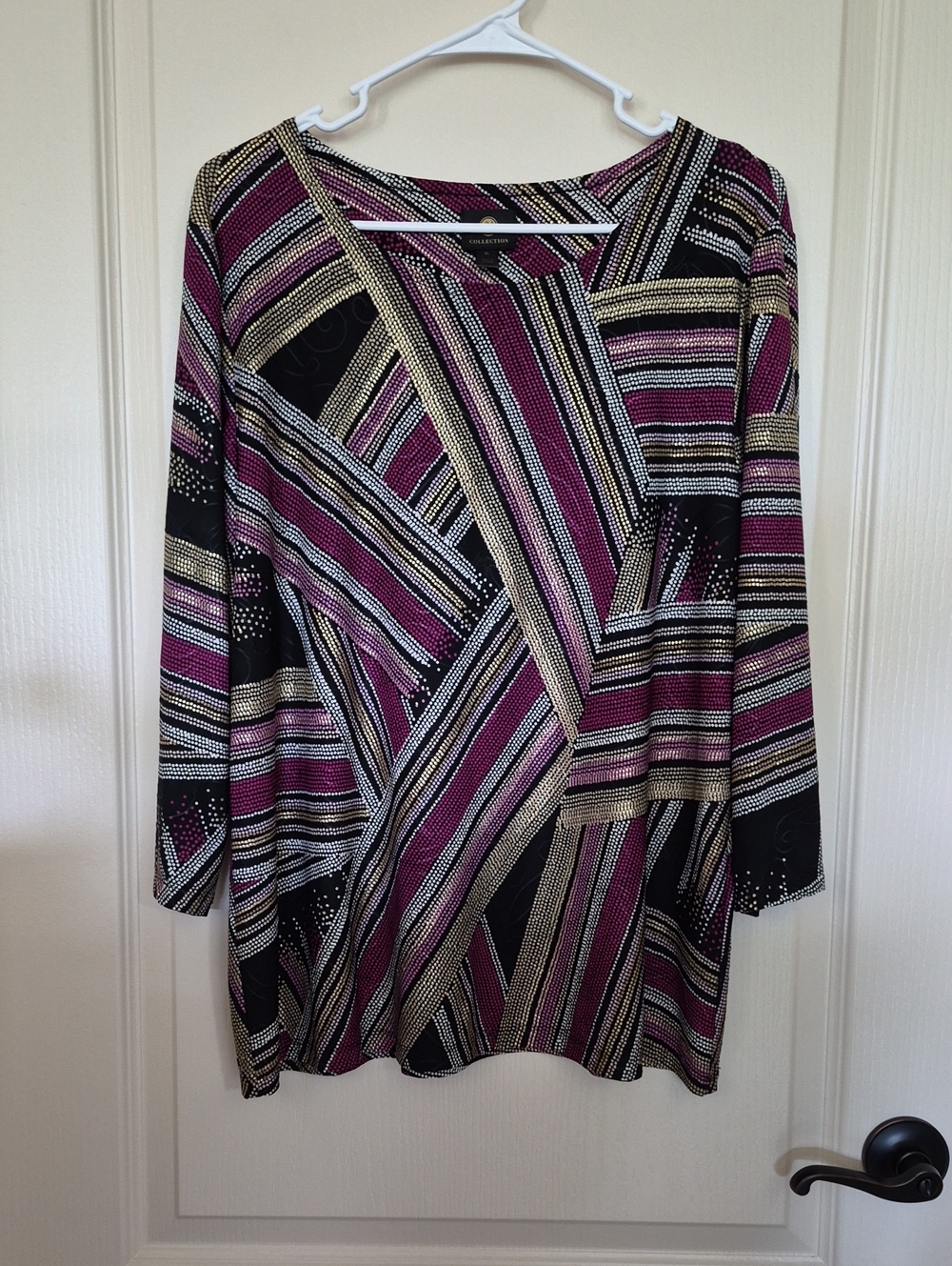 JM Collection Black and Plum Geometric Stripe Long Sleeve Top Size XL